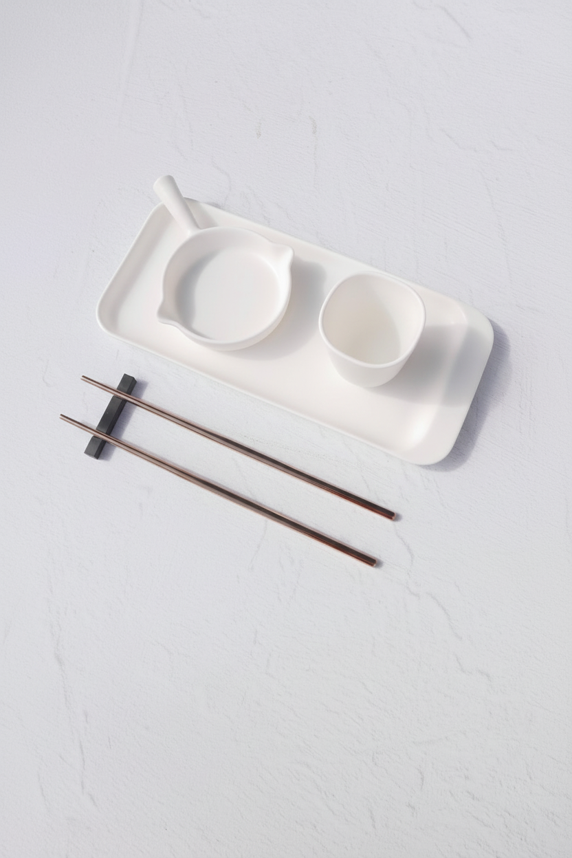 Bandeja de cerámica blanca para sushi con palillos cobre