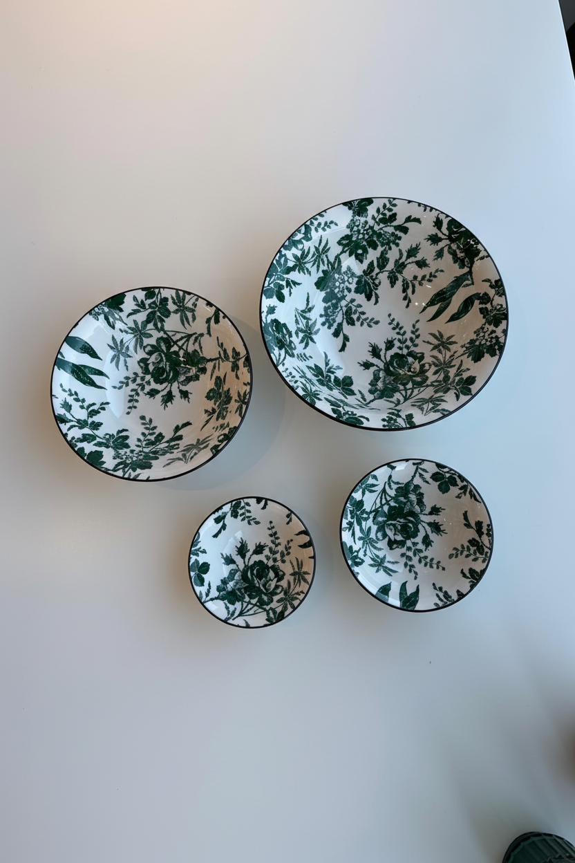 Cuatro cuencos botánico verde - flat lay