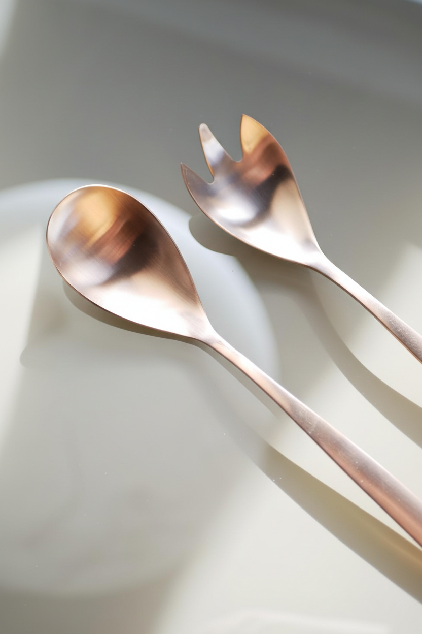 Cubiertos cobre con iluminación elegante