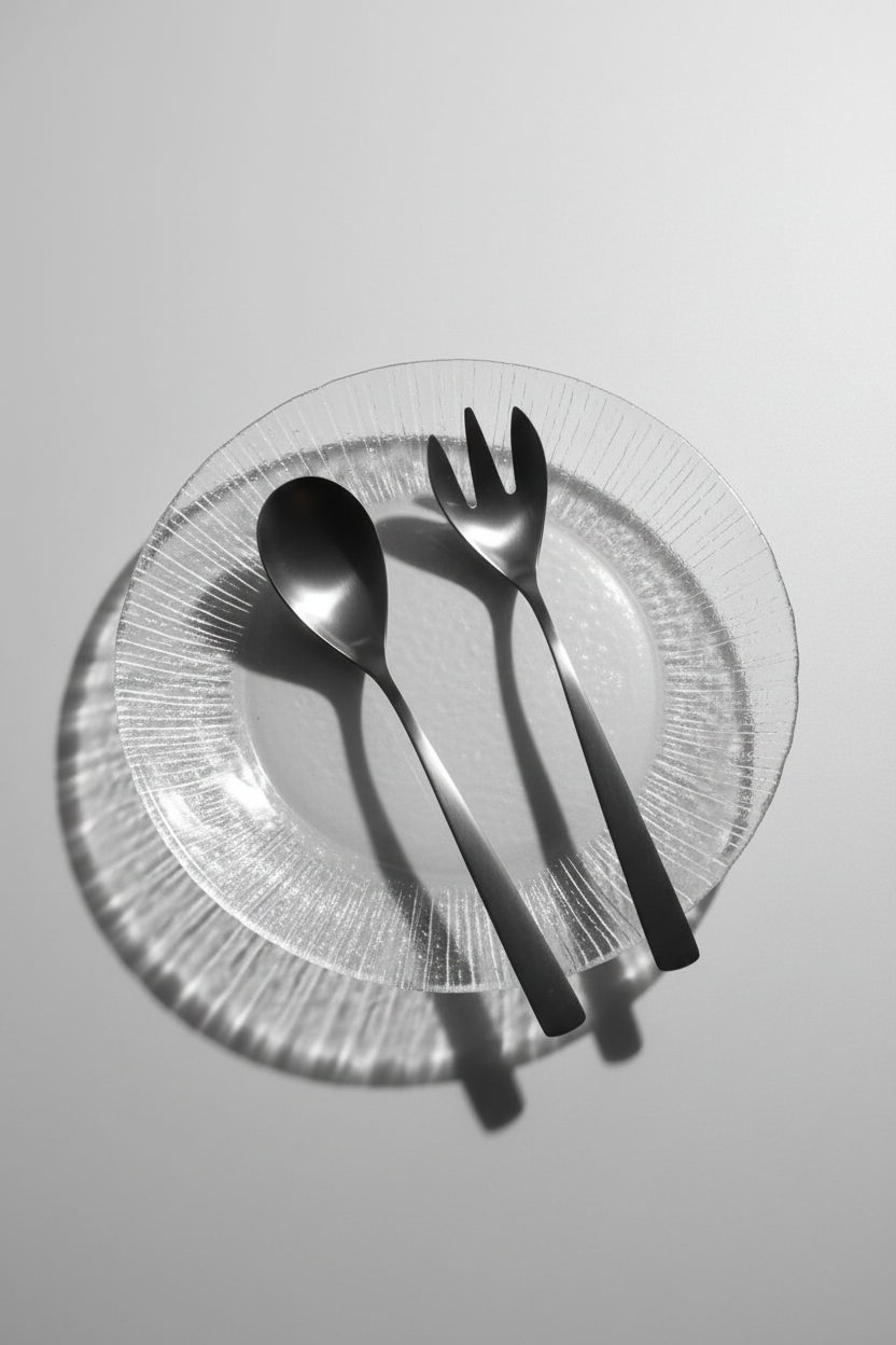 Cubiertos negros sobre plato de cristal