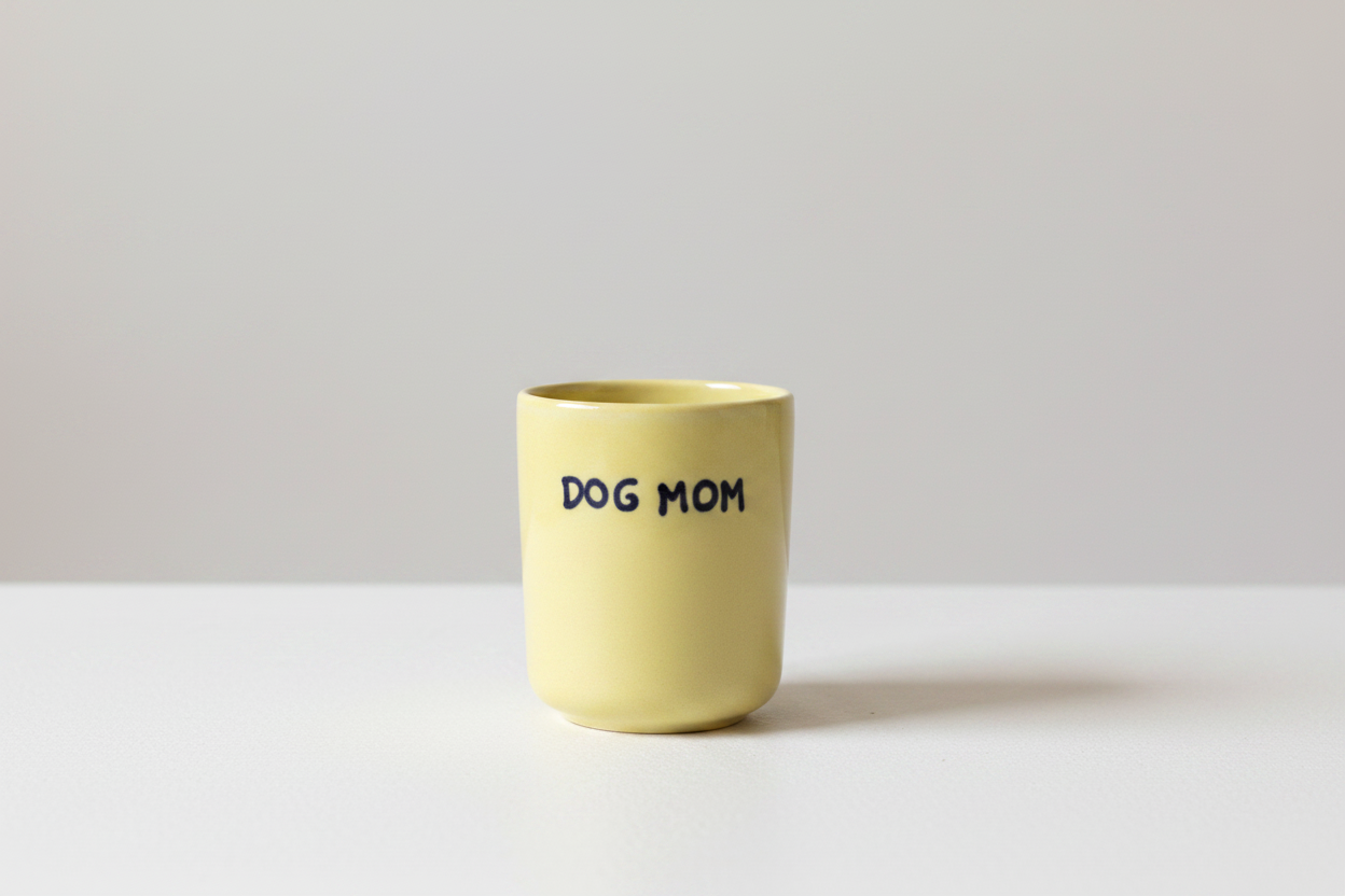 Dog Mom — taza individual con fondo de referencia
