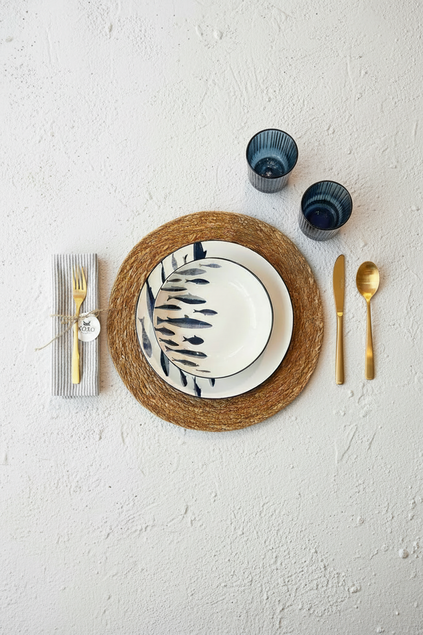 Lifestyle mesa peces - textura rugosa blanca