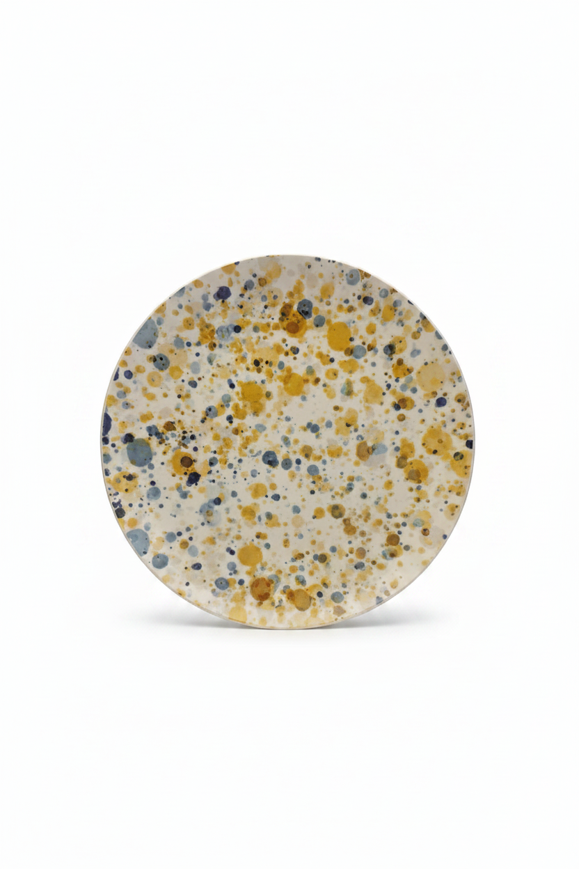 Plato salpicado amarillo y azul gris