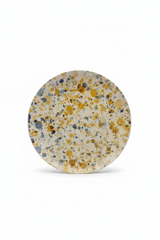 Plato salpicado amarillo y azul gris