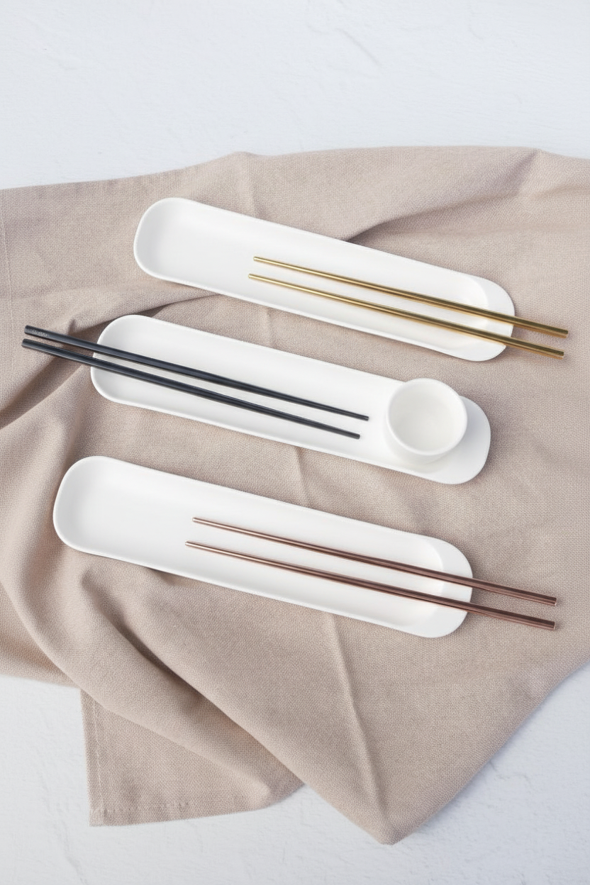 Soportes para palillos de cerámica blanca con palillos metálicos