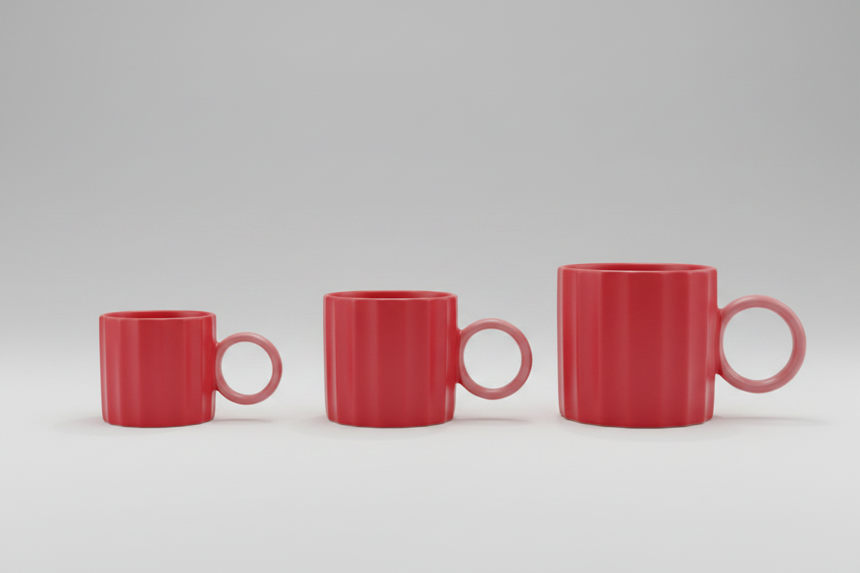 Taza roja tres tamaños fondo gris infinito