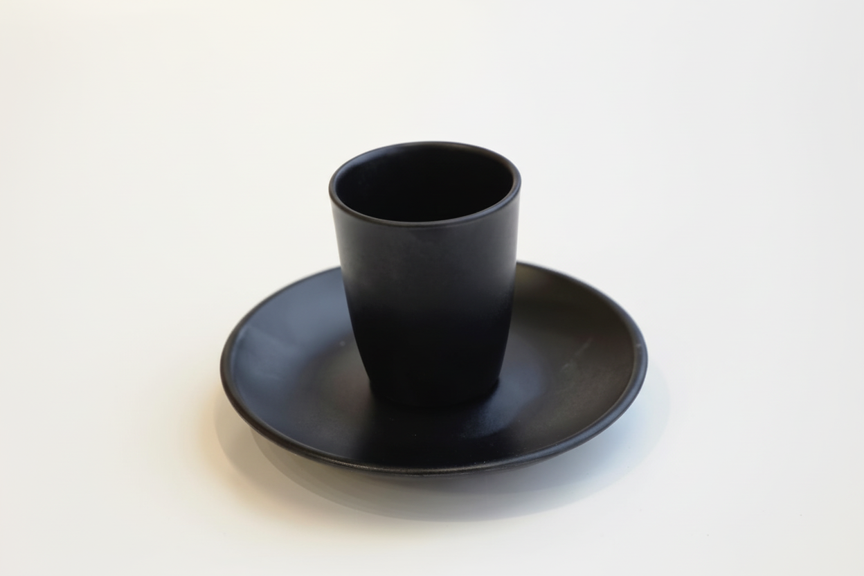 Taza sobre plato cerámico negro - detalle 1