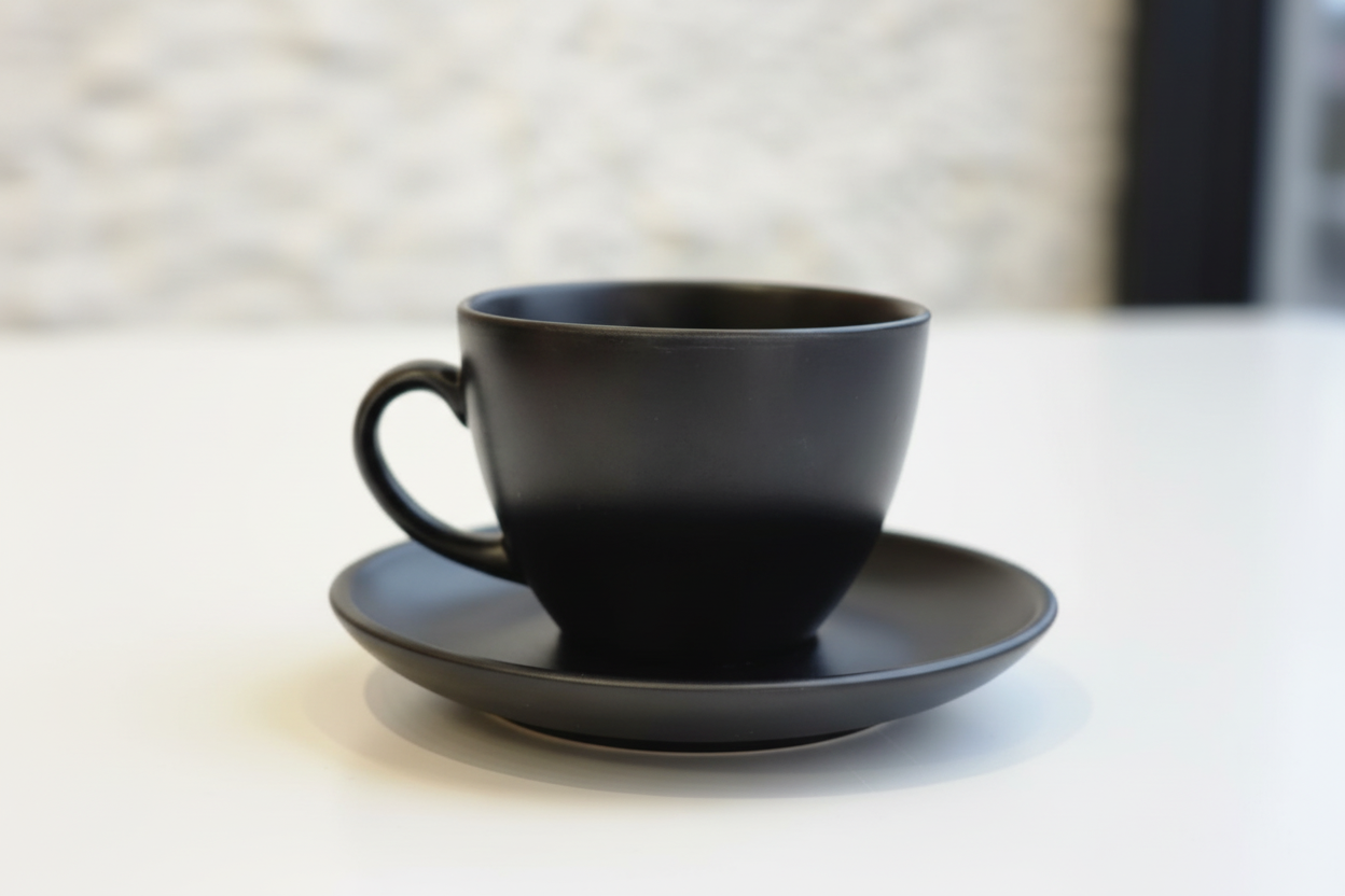 Taza y plato cerámico negro - fondo natural