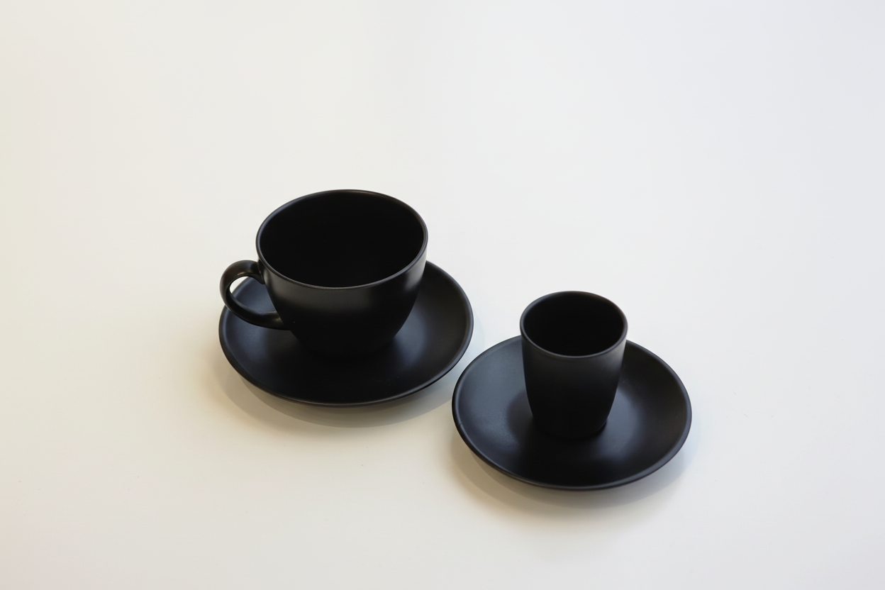 Taza y plato cerámico negro - vista 1