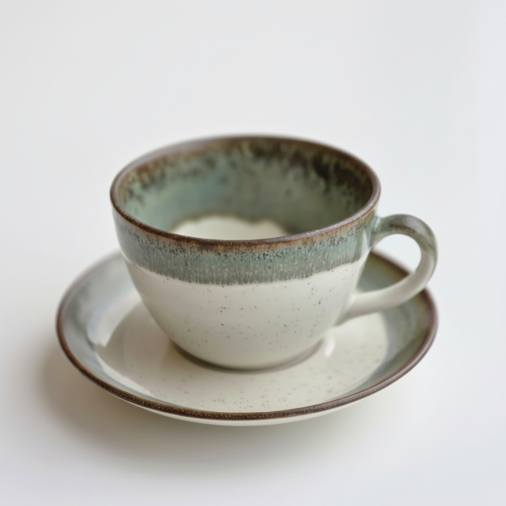 Taza y plato ángulo tres cuartos