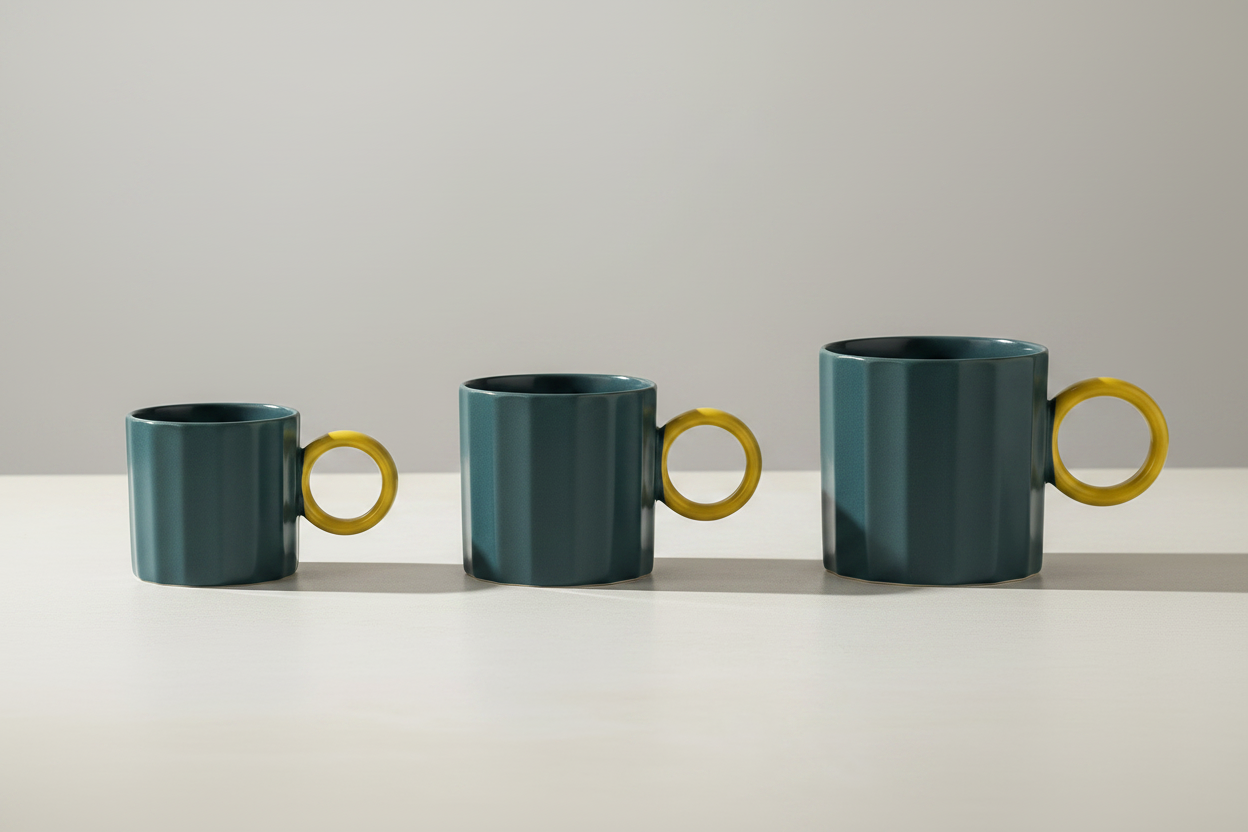Tazas teal con asa amarilla tres tamaños